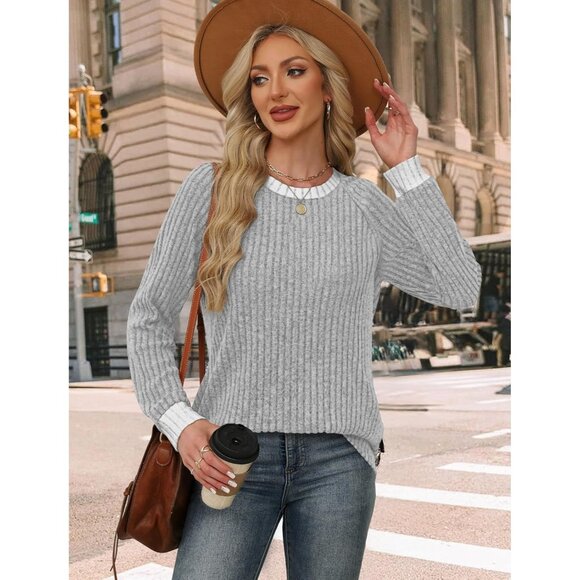 Women's grey Stripes Color Block Long Sleeve Shirt Lightweight Sweater - Picture 4 of 5